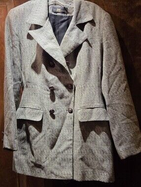 Classic Double-Breasted Glen Plaid Women's Blazer Jacket - Gray